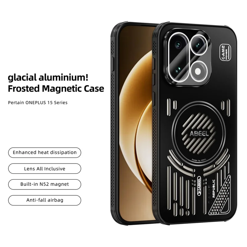 ABEEL Для OnePlus 15 5G Магнитный чехол Алюминиевый сплав + ПК + ТПУ Полый теплоотвод Чехол для телефона - Черный
