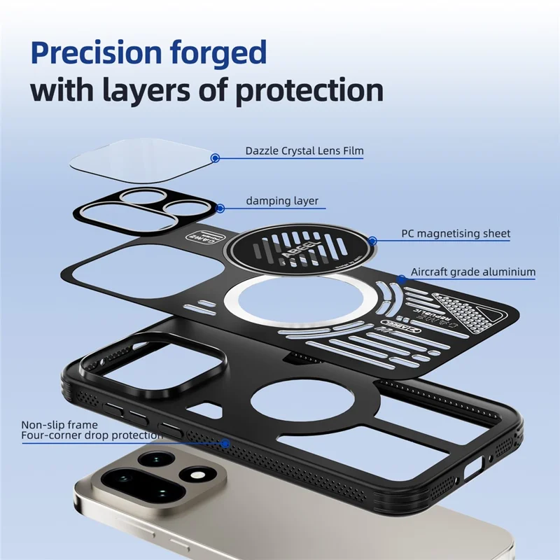 ABEEL Для OnePlus 15 5G Магнитный чехол Алюминиевый сплав + ПК + ТПУ Полый теплоотвод Чехол для телефона - Черный