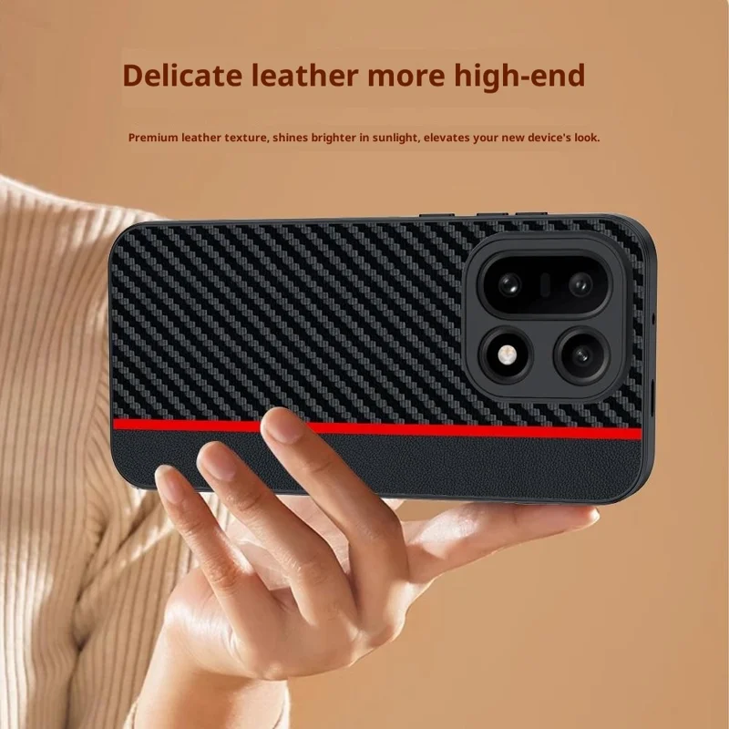 Étui pour OnePlus 15 5G en cuir + coque rigide en PC avec texture en fibre de carbone - Noir / Rouge