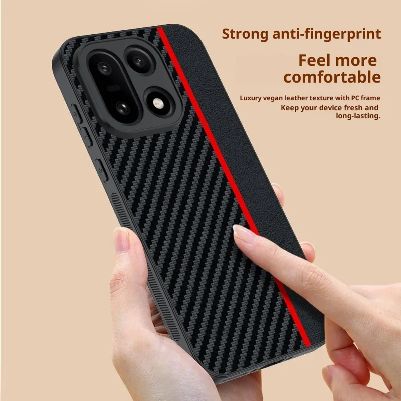 Étui pour OnePlus 15 5G en cuir + coque rigide en PC avec texture en fibre de carbone - Noir / Rouge