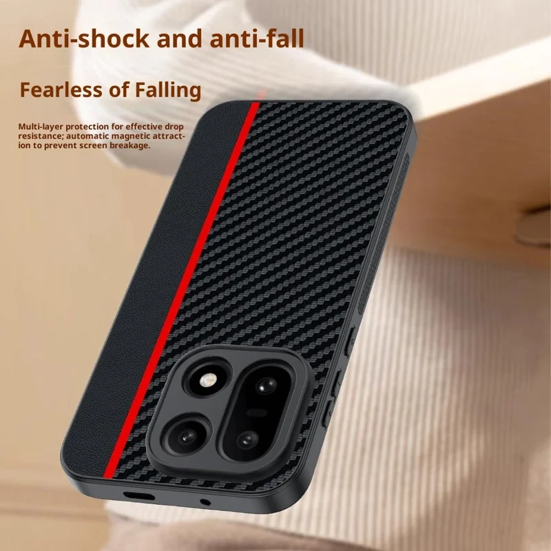 Étui pour OnePlus 15 5G en cuir + coque rigide en PC avec texture en fibre de carbone - Noir / Rouge