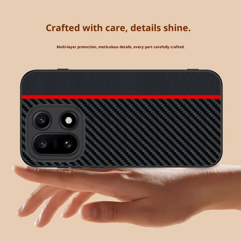 Étui pour OnePlus 15 5G en cuir + coque rigide en PC avec texture en fibre de carbone - Noir / Rouge