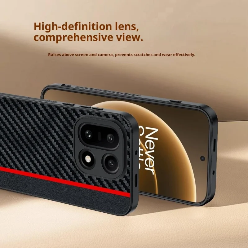Étui pour OnePlus 15 5G en cuir + coque rigide en PC avec texture en fibre de carbone - Noir / Rouge