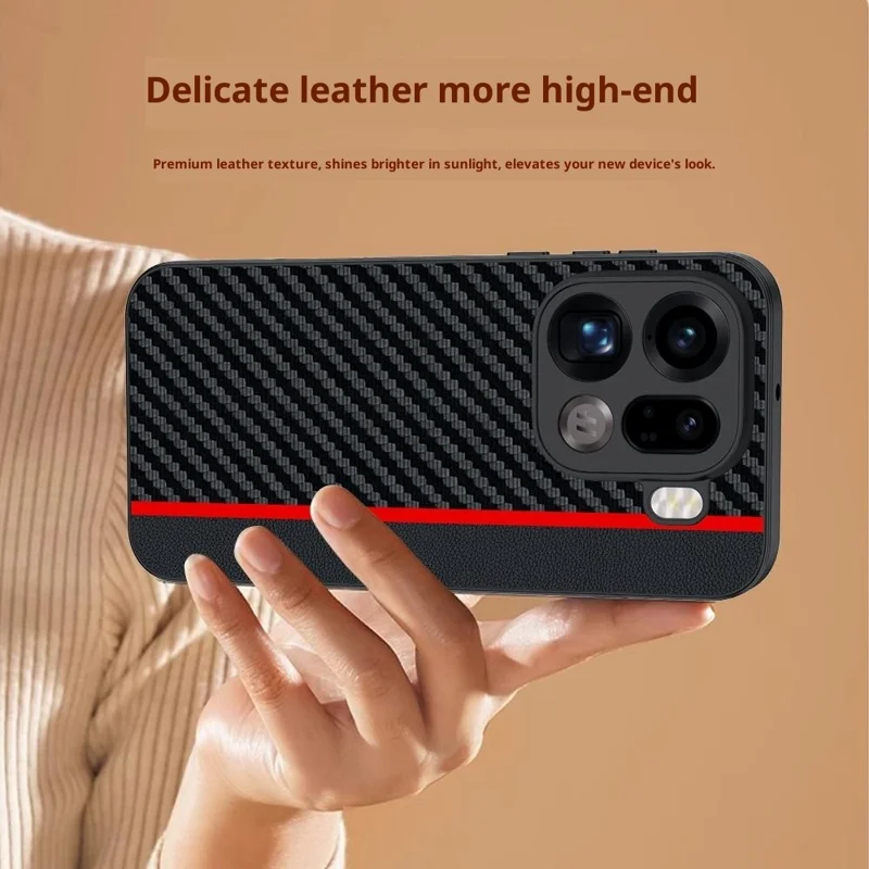 For Oppo Find X9 Pro 5G Case Leather + PC Hard Phone Cover Carbon Fiber Texture - Black  /  Red
