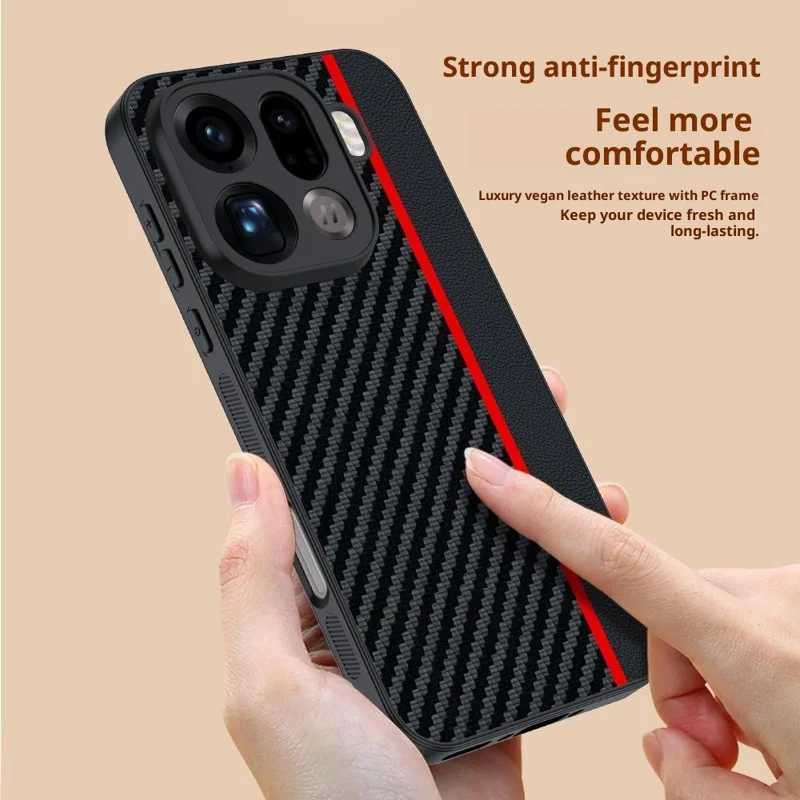 For Oppo Find X9 Pro 5G Case Leather + PC Hard Phone Cover Carbon Fiber Texture - Black  /  Red