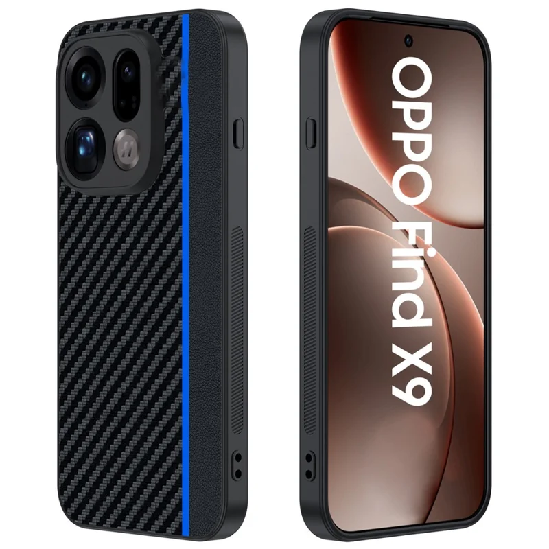 Étui Oppo Find X9 5G en cuir + coque rigide en PC avec texture en fibre de carbone - Noir / Bleu