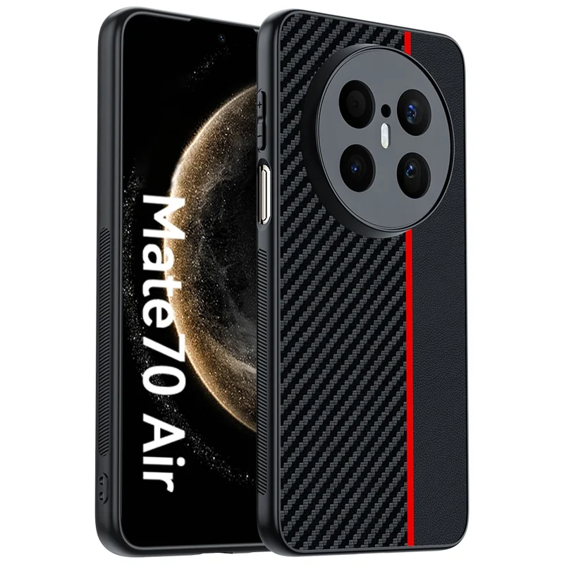 Huawei Mate 70 Air Case Leder + PC Hartschalen-Handyhülle mit Kohlefaser-Textur - Schwarz / Rot