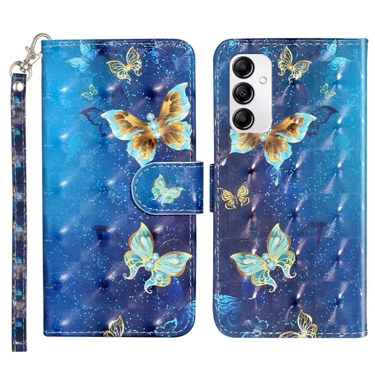 Estuche de Teléfono de Impresión de Patrones 3D Para Samsung Galaxy A14 5G, Flip Cover de Billetera de Cuero PU Anti-scratch - Mariposas de Oro Azul
