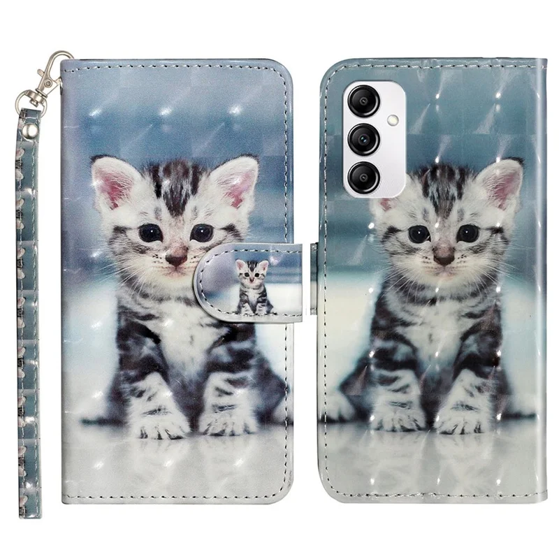 3D Pattern Printing Phone Case For Samsung Galaxy A14 5G, Anti-scratch PU Leather Wallet Flip Cover Stand with Strap -  Cat