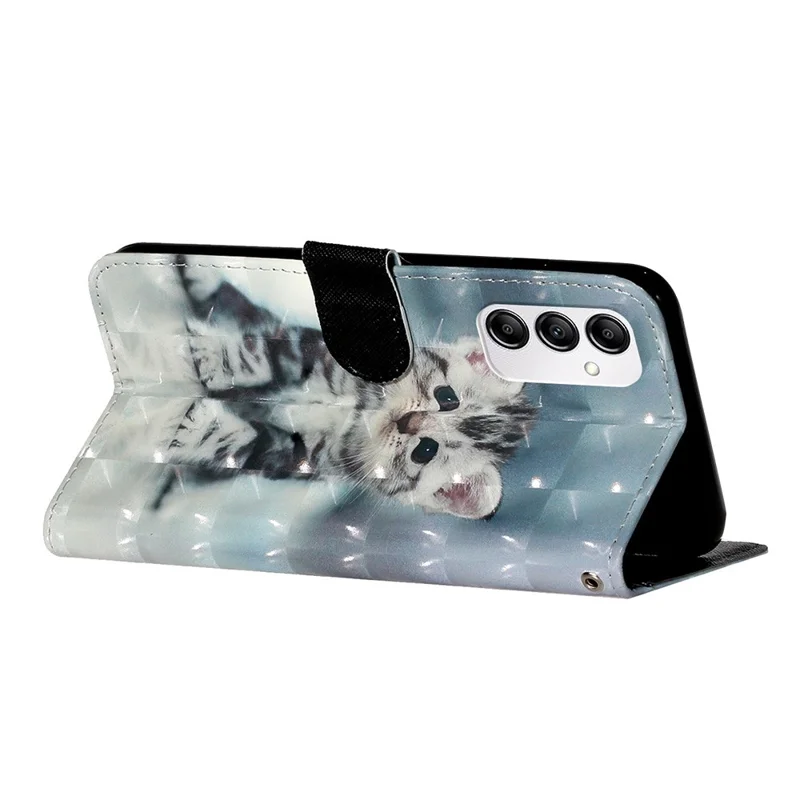 3D Pattern Printing Phone Case For Samsung Galaxy A14 5G, Anti-scratch PU Leather Wallet Flip Cover Stand with Strap -  Cat