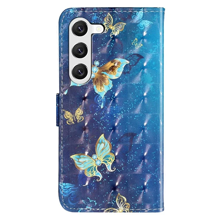 Pour Samsung Galaxy S23 PU Leather Wallet Flip Cover Stand Feature 3D Pattern Printing Magnetic Closure Phone Case with Strap - Bleu Or Papillons