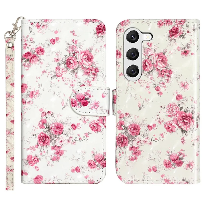 For Samsung Galaxy S23 PU Leather Wallet Flip Cover Stand Feature 3D Pattern Printing Magnetic Closure Phone Case with Strap - Roses