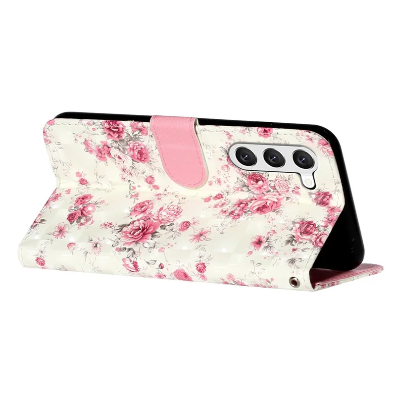 For Samsung Galaxy S23 PU Leather Wallet Flip Cover Stand Feature 3D Pattern Printing Magnetic Closure Phone Case with Strap - Roses