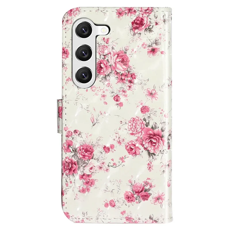 For Samsung Galaxy S23 PU Leather Wallet Flip Cover Stand Feature 3D Pattern Printing Magnetic Closure Phone Case with Strap - Roses