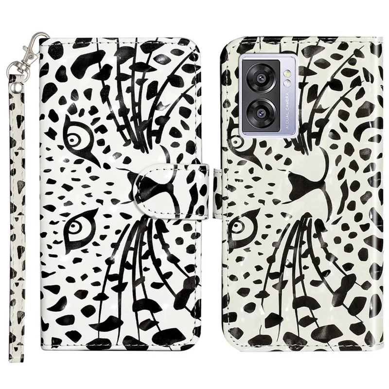 For Oppo A57 (2022) 5G / A57 4G  /  A77 5G /  A57s 4G PU Leather Wallet Phone Case 3D Pattern Printing Shockproof Case Folio Flip Cover with Stand / Strap - Leopard Head