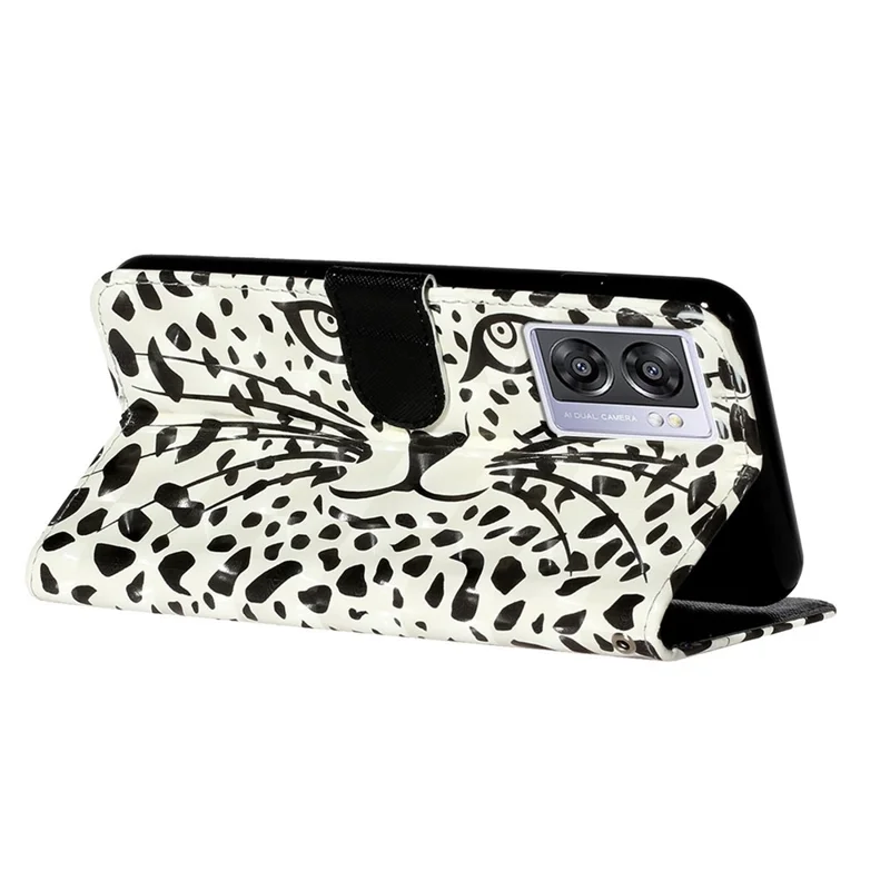 For Oppo A57 (2022) 5G / A57 4G  /  A77 5G /  A57s 4G PU Leather Wallet Phone Case 3D Pattern Printing Shockproof Case Folio Flip Cover with Stand / Strap - Leopard Head