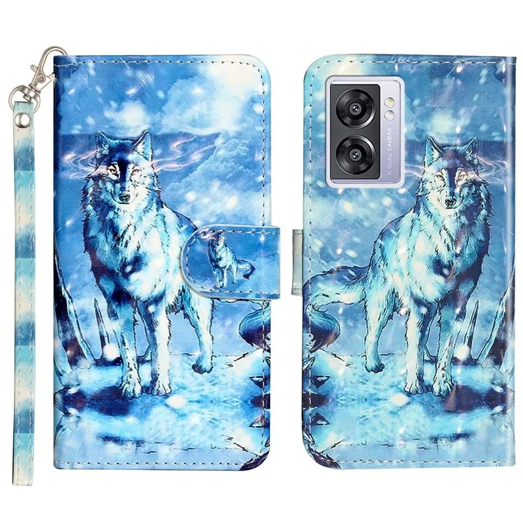 For Oppo A57 (2022) 5G / A57 4G  /  A77 5G /  A57s 4G PU Leather Wallet Phone Case 3D Pattern Printing Shockproof Case Folio Flip Cover with Stand / Strap - Snow Wolf