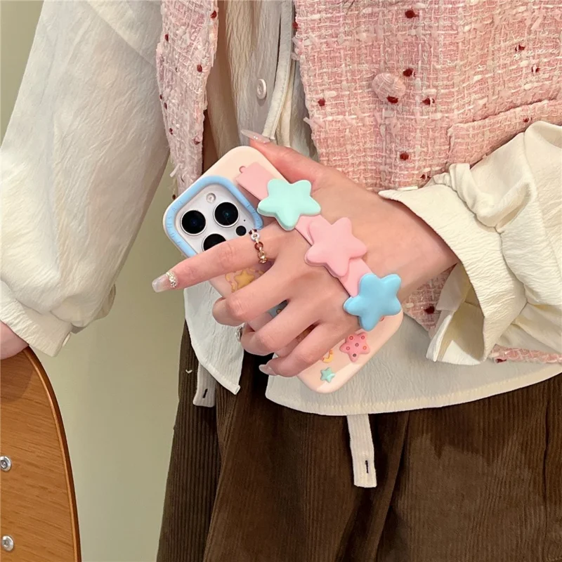 iPhone 15 Pro Silikonhülle mit Armband, Ständer, süßem Sterndesign, stoßfeste Handyhülle