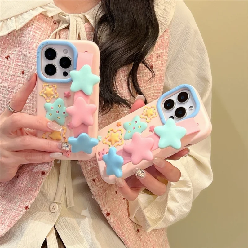 Siliconen hoesje voor iPhone 15 Pro Max met polsbandje, standaardfunctie, schattig sterretjesdesign, schokbestendige achterkant telefoonhoesje