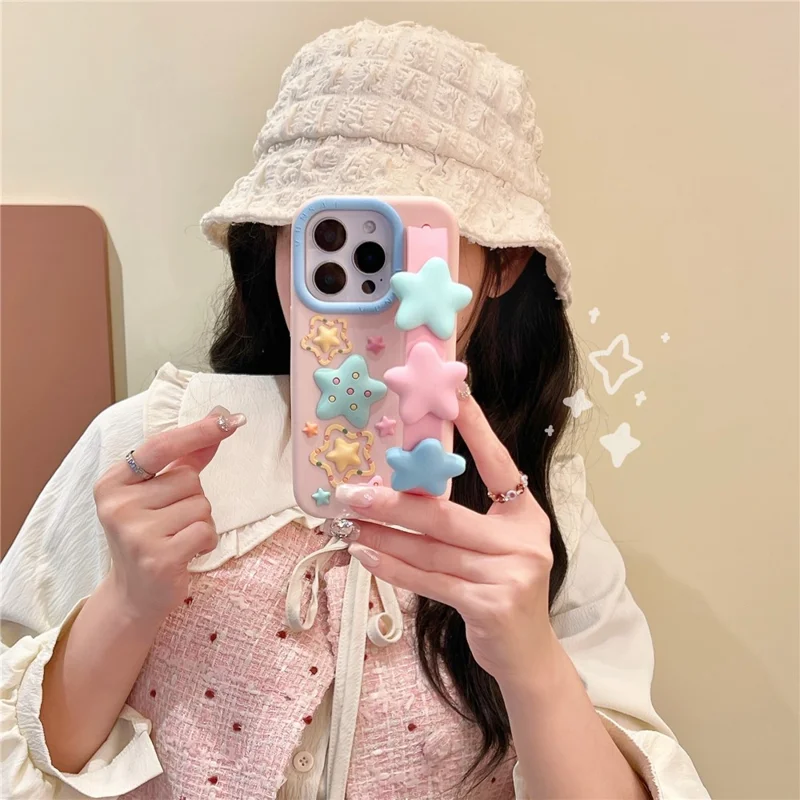 For iPhone 16 Pro Max Silicone Case with Wristband Kickstand Cute Star Design Shockproof Phone Back Cover