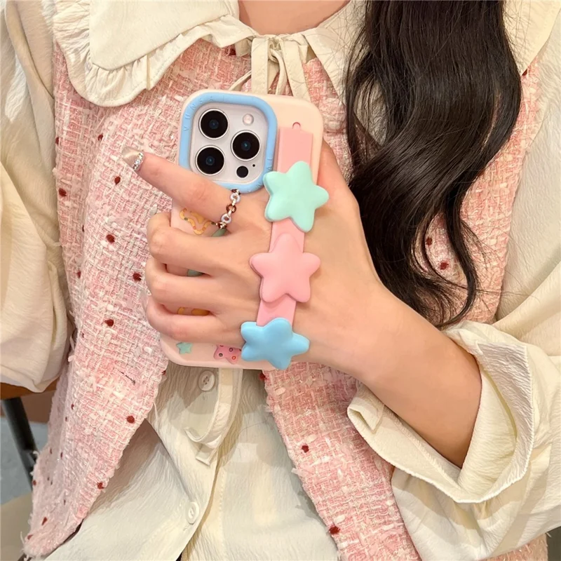 For iPhone 16 Pro Max Silicone Case with Wristband Kickstand Cute Star Design Shockproof Phone Back Cover