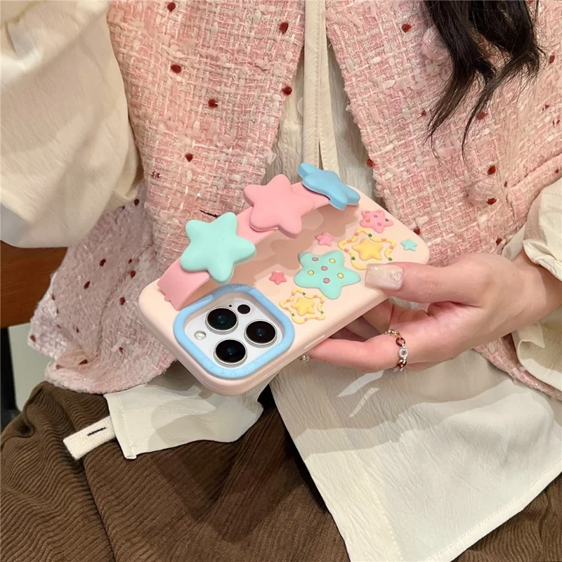 For iPhone 16 Pro Max Silicone Case with Wristband Kickstand Cute Star Design Shockproof Phone Back Cover