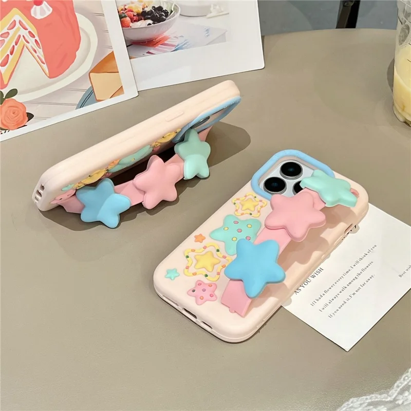 For iPhone 16 Pro Max Silicone Case with Wristband Kickstand Cute Star Design Shockproof Phone Back Cover
