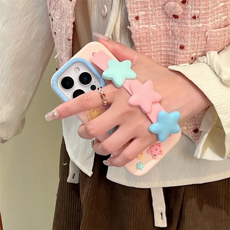 For iPhone 16 Pro Silicone Case with Wristband Kickstand Cute Star Design Shockproof Phone Back Cover