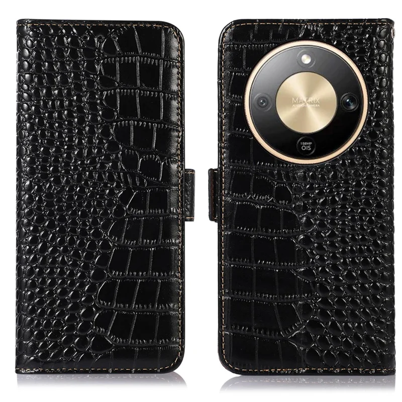 For Honor Magic8 Lite 5G / X9d 5G / X70 5G Case RFID Blocking Wallet Crocodile Texture Genuine Cow Leather Phone Cover - Black