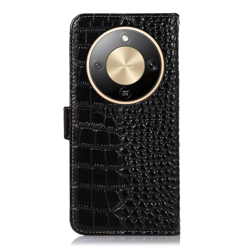 For Honor Magic8 Lite 5G / X9d 5G / X70 5G Case RFID Blocking Wallet Crocodile Texture Genuine Cow Leather Phone Cover - Black