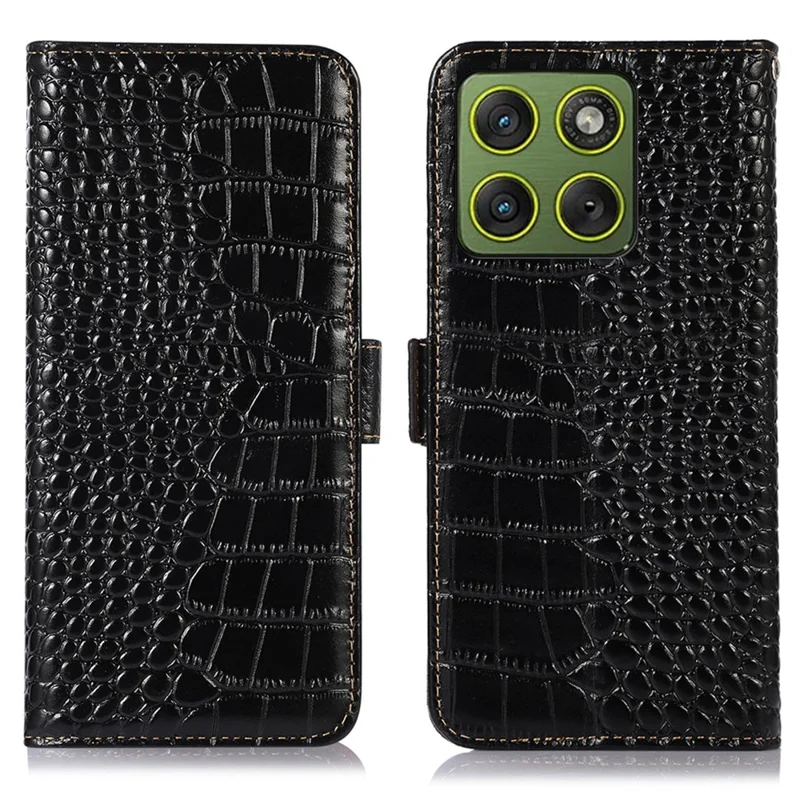 For Motorola Edge 70 5G Case RFID Blocking Wallet Crocodile Texture Genuine Cow Leather Phone Cover - Black
