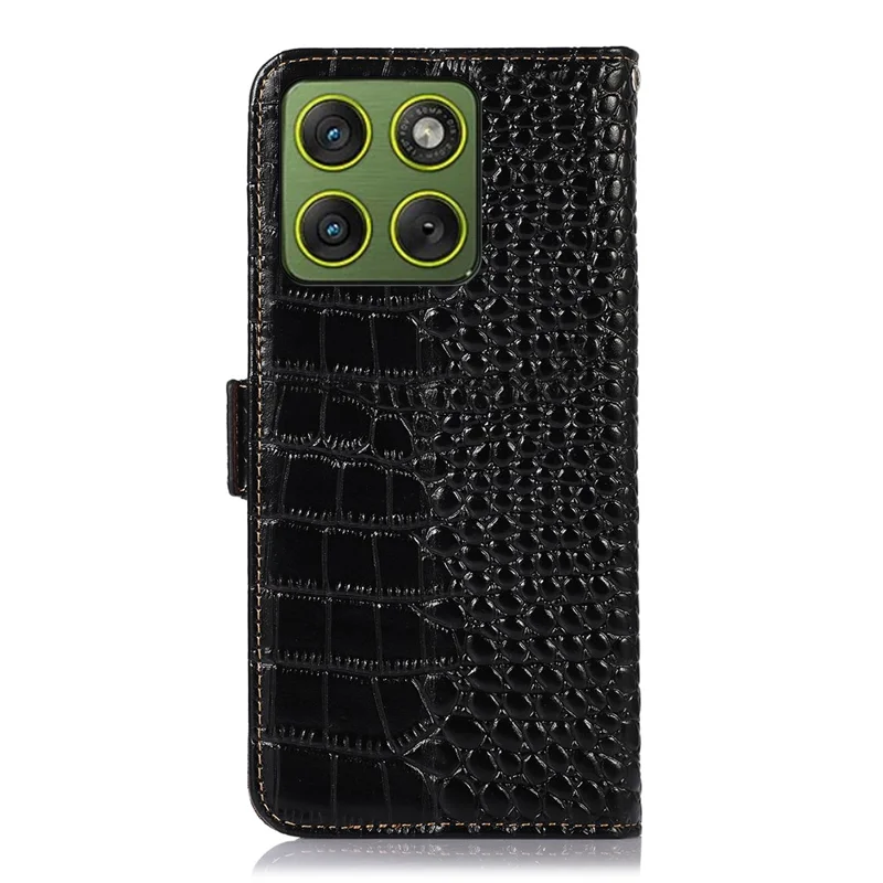 For Motorola Edge 70 5G Case RFID Blocking Wallet Crocodile Texture Genuine Cow Leather Phone Cover - Black