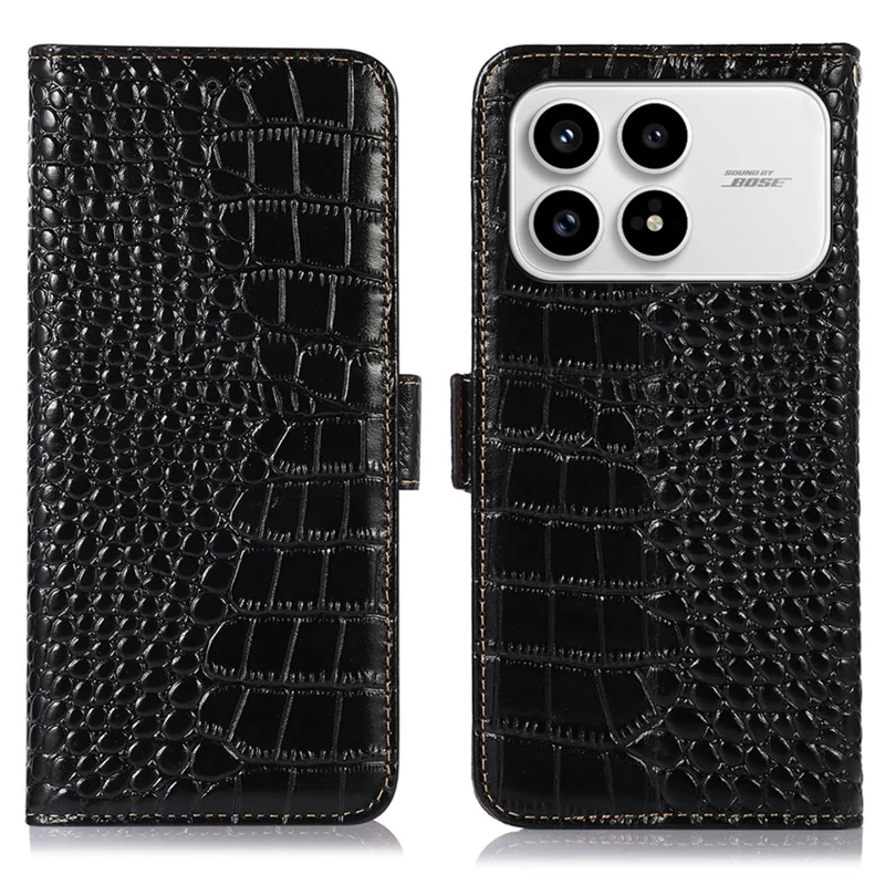 For Xiaomi Redmi K90 5G / Poco F8 Pro Case RFID Blocking Wallet Crocodile Texture Genuine Cow Leather Phone Cover - Black