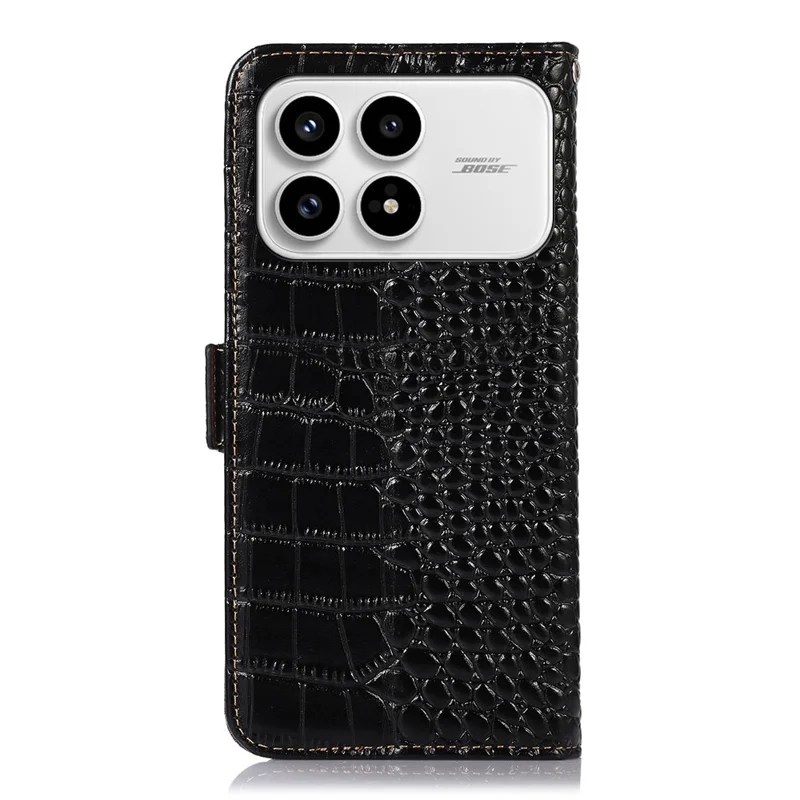 For Xiaomi Redmi K90 5G / Poco F8 Pro Case RFID Blocking Wallet Crocodile Texture Genuine Cow Leather Phone Cover - Black