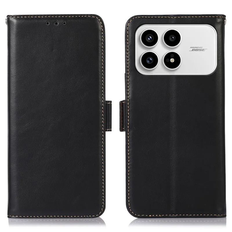 For Xiaomi Redmi K90 5G / Poco F8 Pro Case RFID Blocking Genuine Cow Leather Wallet Phone Cover - Black