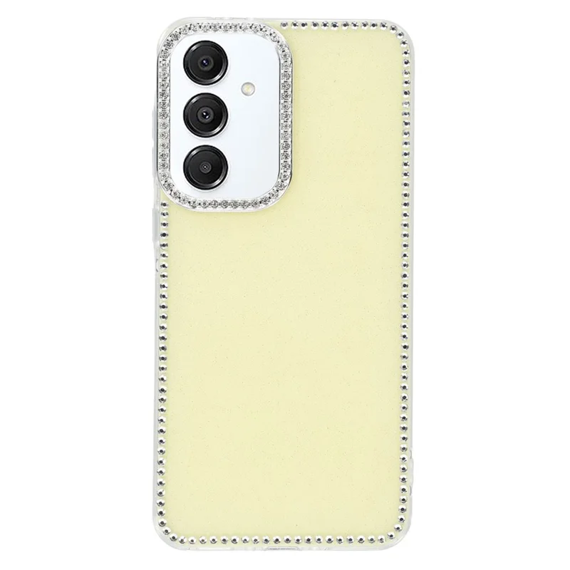 غطاء لهاتف Samsung Galaxy S25 FE مزينة بالكريستال ومزينة بحافة لامعة وخلفية متلألئة من مادة TPU + PC باستخدام تقنية IMD - أصفر فاتح لامع