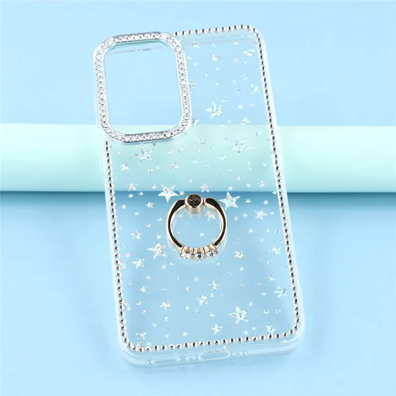 Samsung Galaxy S25 FE hoesje met ringstandaard Rhinestone rand TPU + PC IMD telefoonhoesje - Sterrentransparant