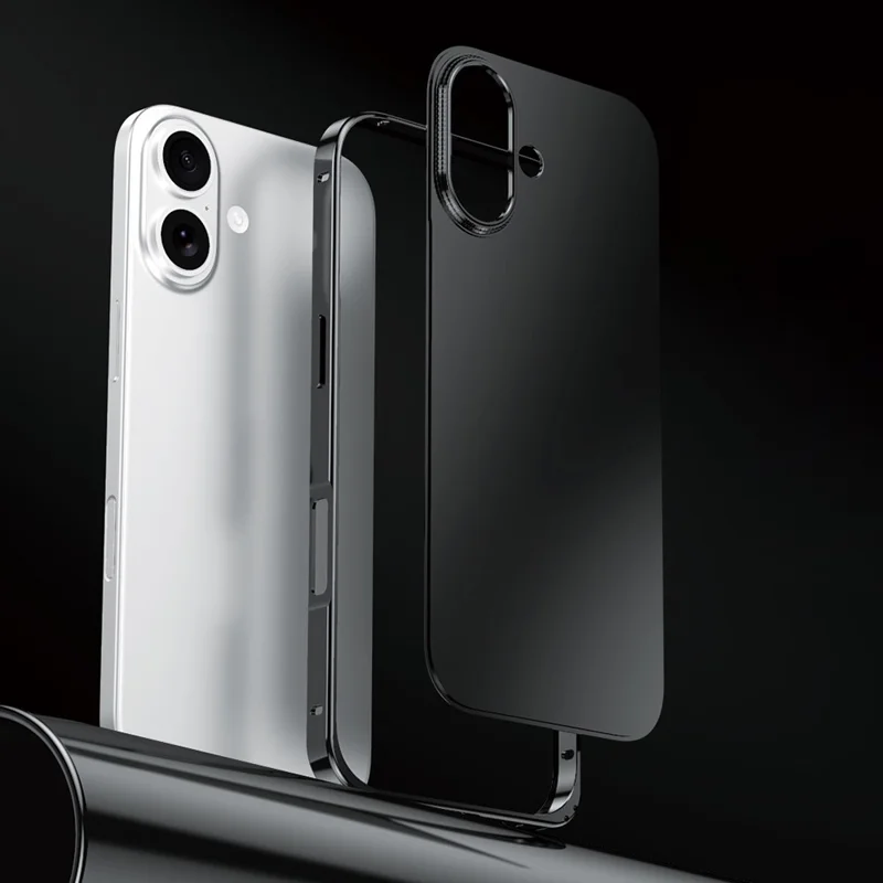 For iPhone 17 Case Locking Buckle Alloy Frame Matte PC Back Phone Cover - Black