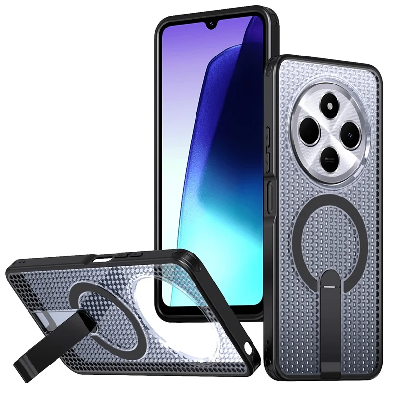 حالة مغناطيسية لهاتف شاومي ريدمي 14C 4G / 14C 5G / 14R 5G / بوكو C75 4G / 5G، غطاء خلفي بتصميم شبكي مع حامل قابل للطي من مادة TPU وPC - أسود