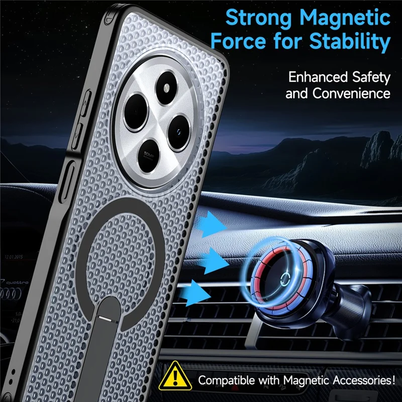 حالة مغناطيسية لهاتف شاومي ريدمي 14C 4G / 14C 5G / 14R 5G / بوكو C75 4G / 5G، غطاء خلفي بتصميم شبكي مع حامل قابل للطي من مادة TPU وPC - أسود