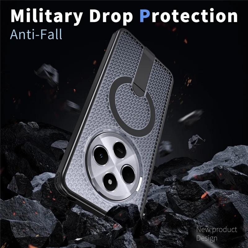 حالة مغناطيسية لهاتف شاومي ريدمي 14C 4G / 14C 5G / 14R 5G / بوكو C75 4G / 5G، غطاء خلفي بتصميم شبكي مع حامل قابل للطي من مادة TPU وPC - أسود