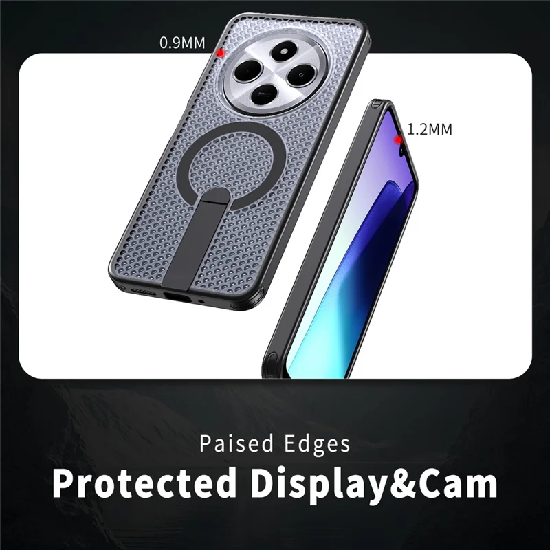 حالة مغناطيسية لهاتف شاومي ريدمي 14C 4G / 14C 5G / 14R 5G / بوكو C75 4G / 5G، غطاء خلفي بتصميم شبكي مع حامل قابل للطي من مادة TPU وPC - أسود