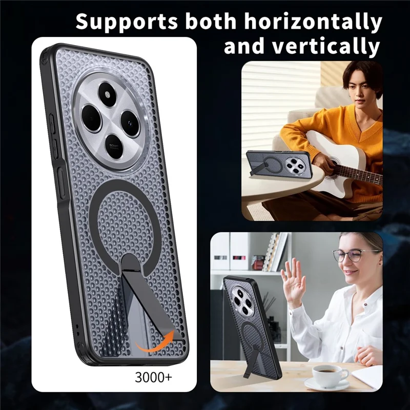 حالة مغناطيسية لهاتف شاومي ريدمي 14C 4G / 14C 5G / 14R 5G / بوكو C75 4G / 5G، غطاء خلفي بتصميم شبكي مع حامل قابل للطي من مادة TPU وPC - أسود