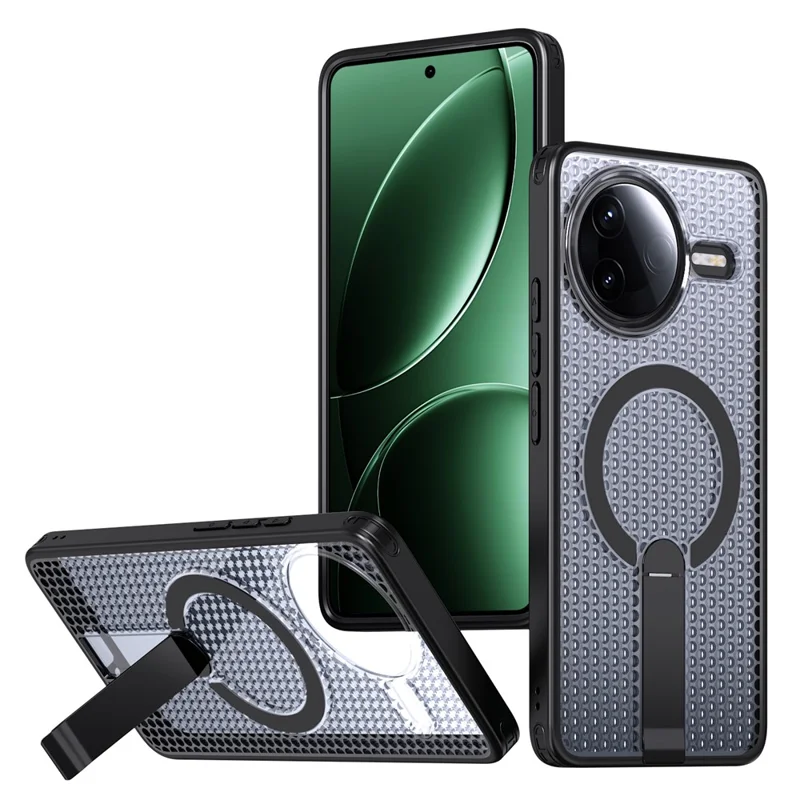 Magnetisk hylster til Xiaomi Redmi K80 5G / K80 Pro 5G / Poco F7 Pro 5G / Poco F7 Ultra 5G med fold ud stående og gridstruktur i TPU og PC - Sort