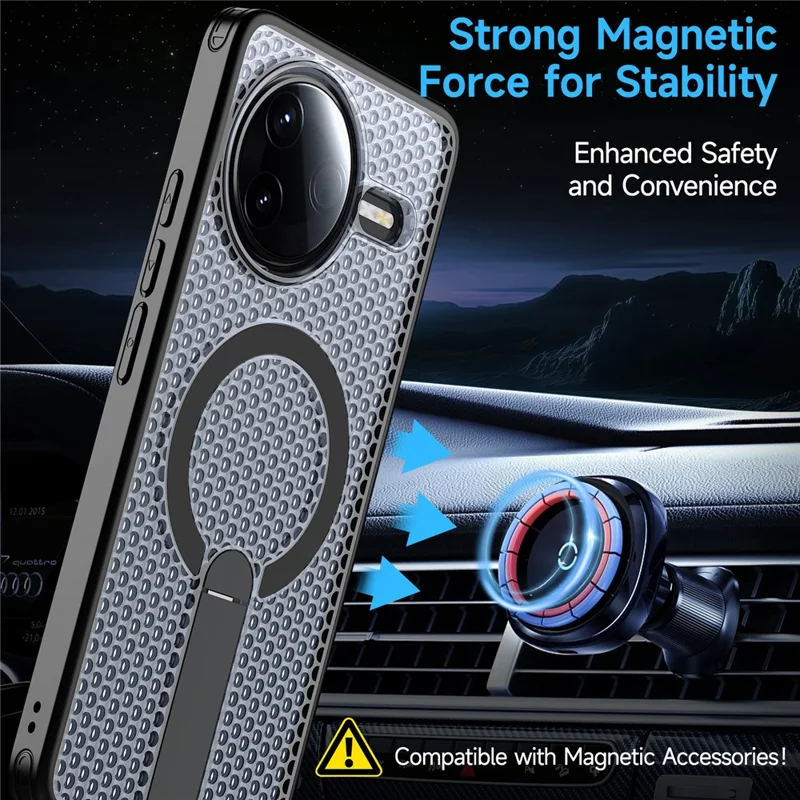 Magnetisk hylster til Xiaomi Redmi K80 5G / K80 Pro 5G / Poco F7 Pro 5G / Poco F7 Ultra 5G med fold ud stående og gridstruktur i TPU og PC - Sort