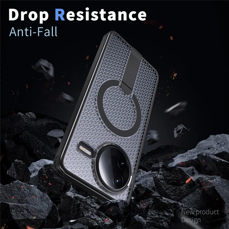 Magnetisk hylster til Xiaomi Redmi K80 5G / K80 Pro 5G / Poco F7 Pro 5G / Poco F7 Ultra 5G med fold ud stående og gridstruktur i TPU og PC - Sort