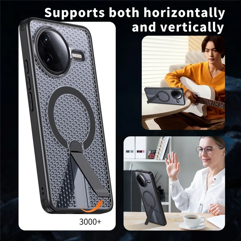 Magnetisk hylster til Xiaomi Redmi K80 5G / K80 Pro 5G / Poco F7 Pro 5G / Poco F7 Ultra 5G med fold ud stående og gridstruktur i TPU og PC - Sort