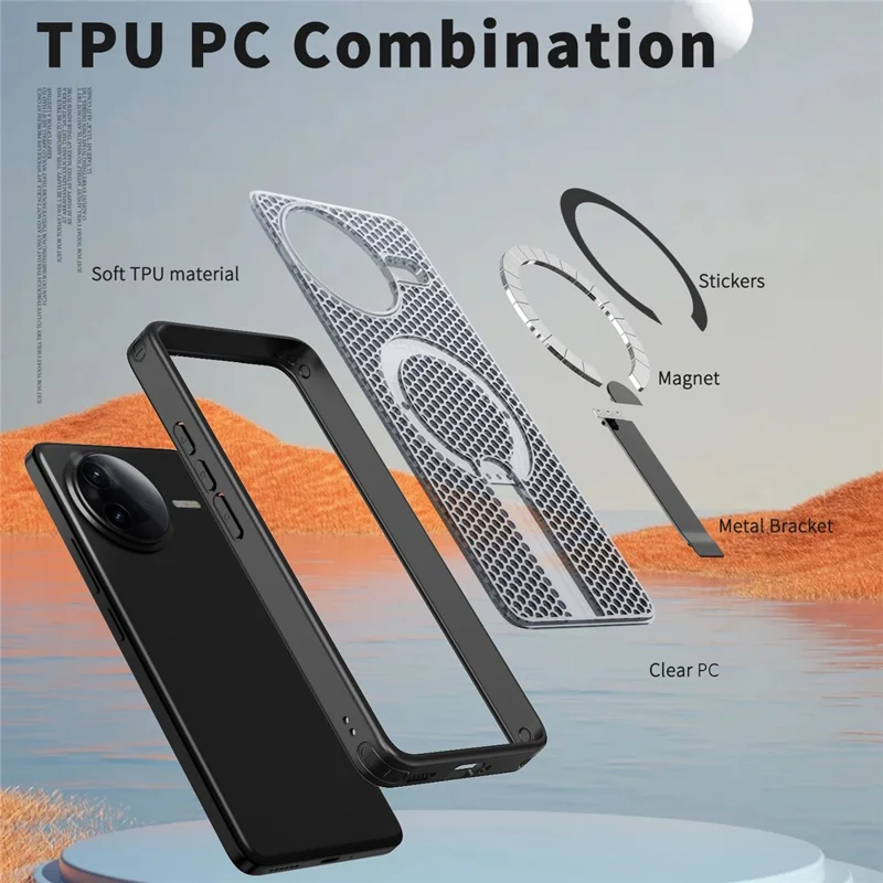 Magnetisk hylster til Xiaomi Redmi K80 5G / K80 Pro 5G / Poco F7 Pro 5G / Poco F7 Ultra 5G med fold ud stående og gridstruktur i TPU og PC - Sort