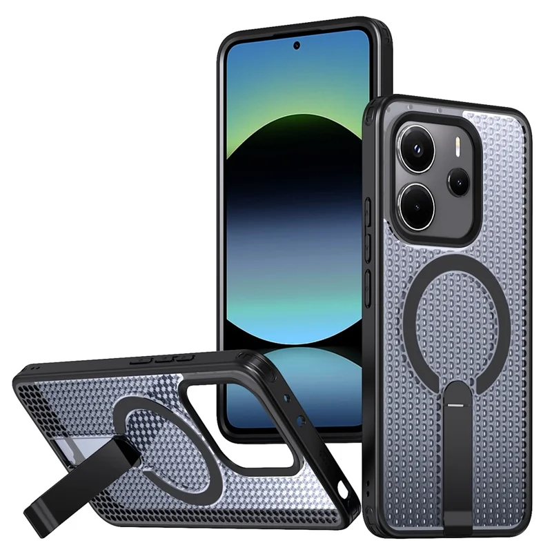 Custodia magnetica per Xiaomi Redmi Note 14 4G (164,84 mm) - Nero, con supporto e texture a griglia in TPU PC