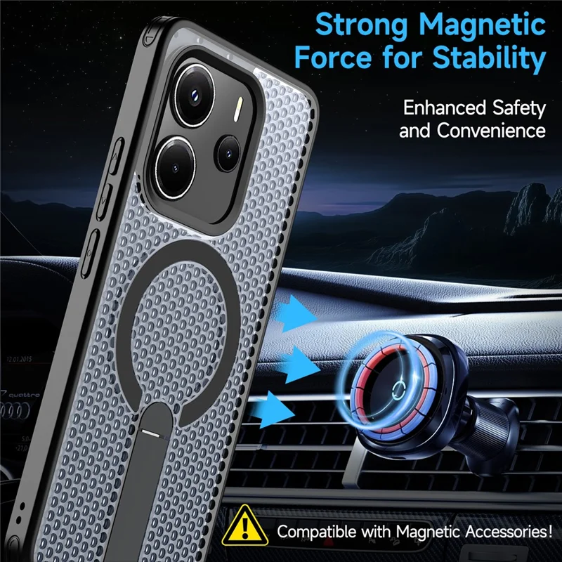 Custodia magnetica per Xiaomi Redmi Note 14 4G (164,84 mm) - Nero, con supporto e texture a griglia in TPU PC